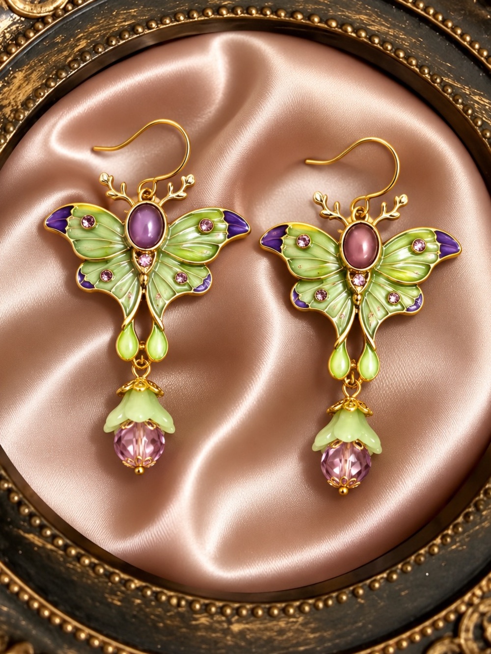Vintage Green Butterfly Gold Earrings
